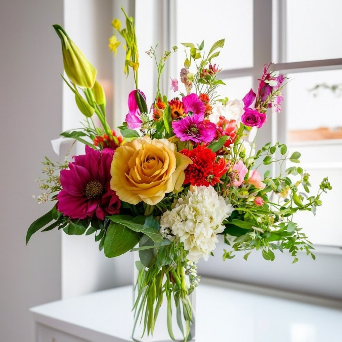 Colourful flower arrangement in a vase next to a window